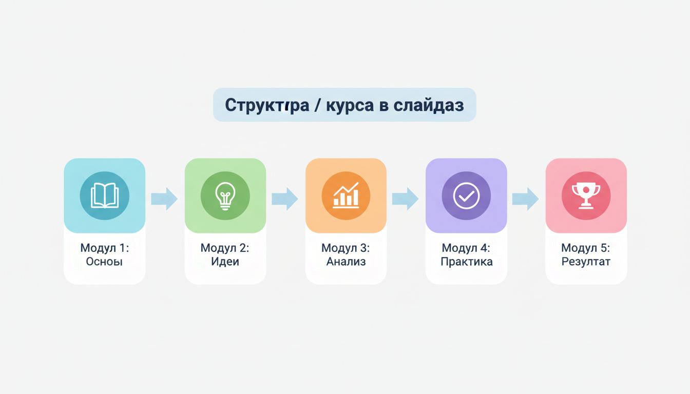 Структура обучающего курса в слайдах: 5 модулей от основ до результата