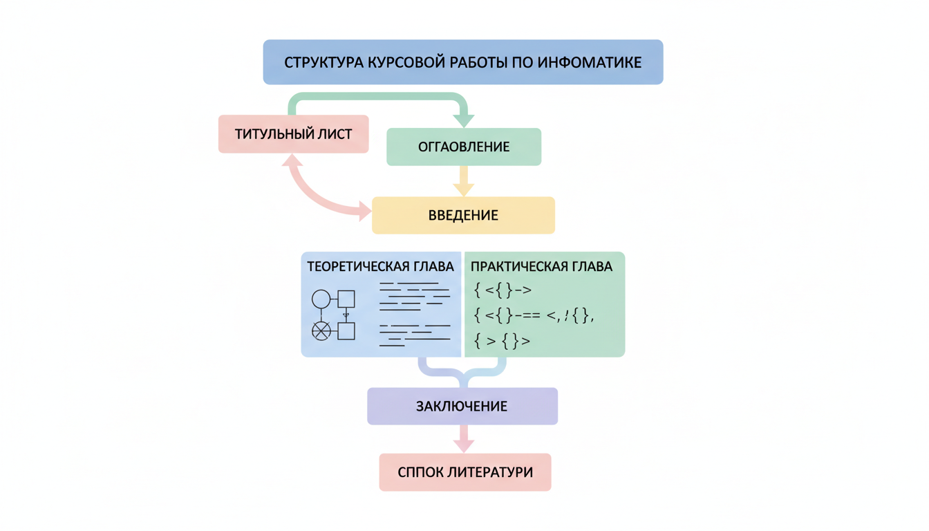 Структура курсовой работы по информатике: титульный лист, содержание, теория, практика с кодом, заключение