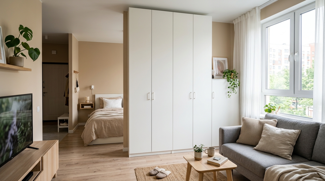 Студия 25 м² для пары — шкаф-перегородка делит зону спальни и гостиной