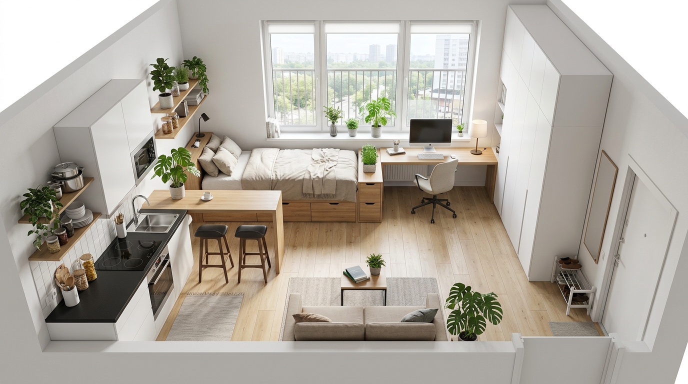 Планировка студии 25 м² для одного — open-space с кроватью у окна