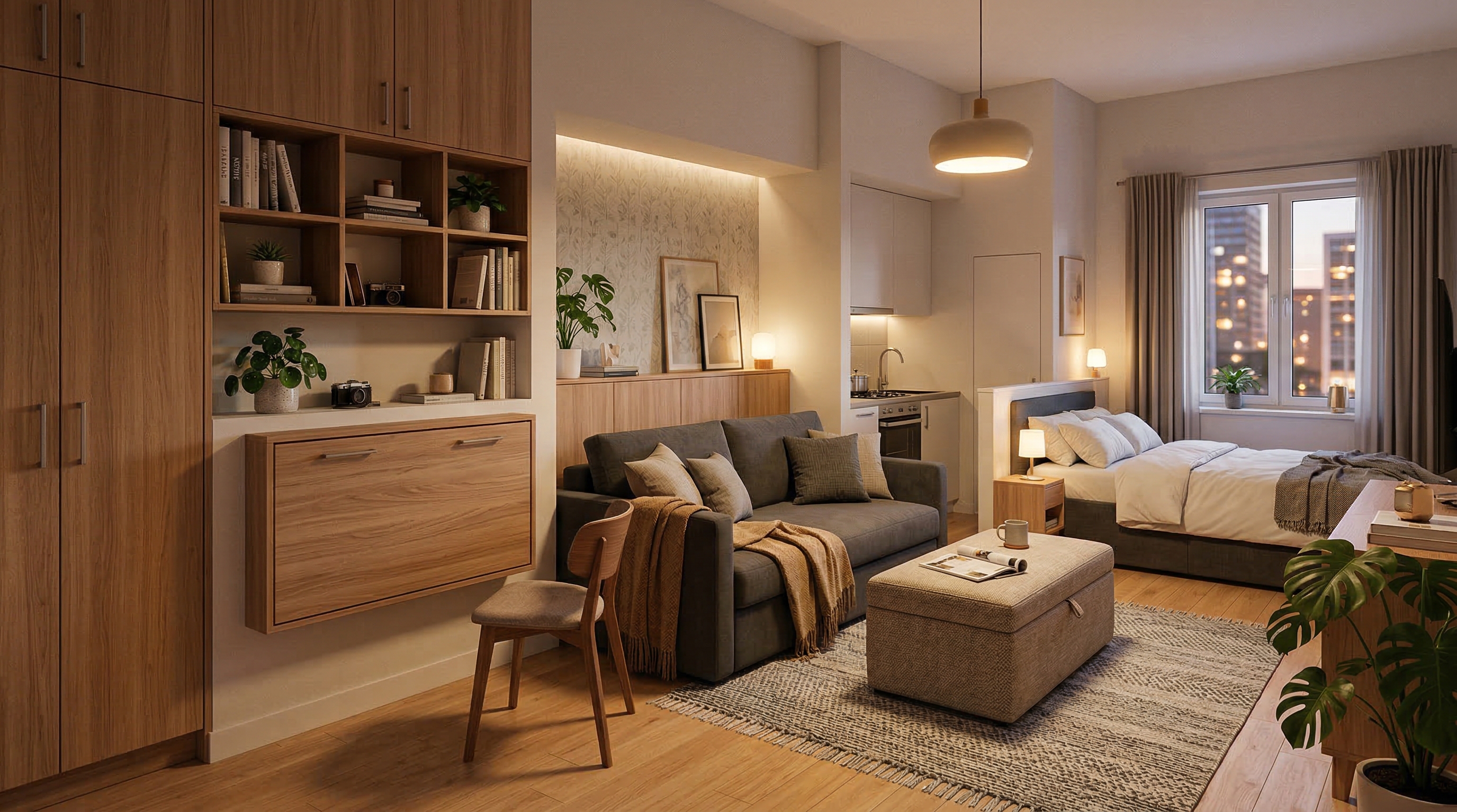 Мебель-трансформер в квартире-студии: встроенные шкафы, раскладной стол, пуф с хранением