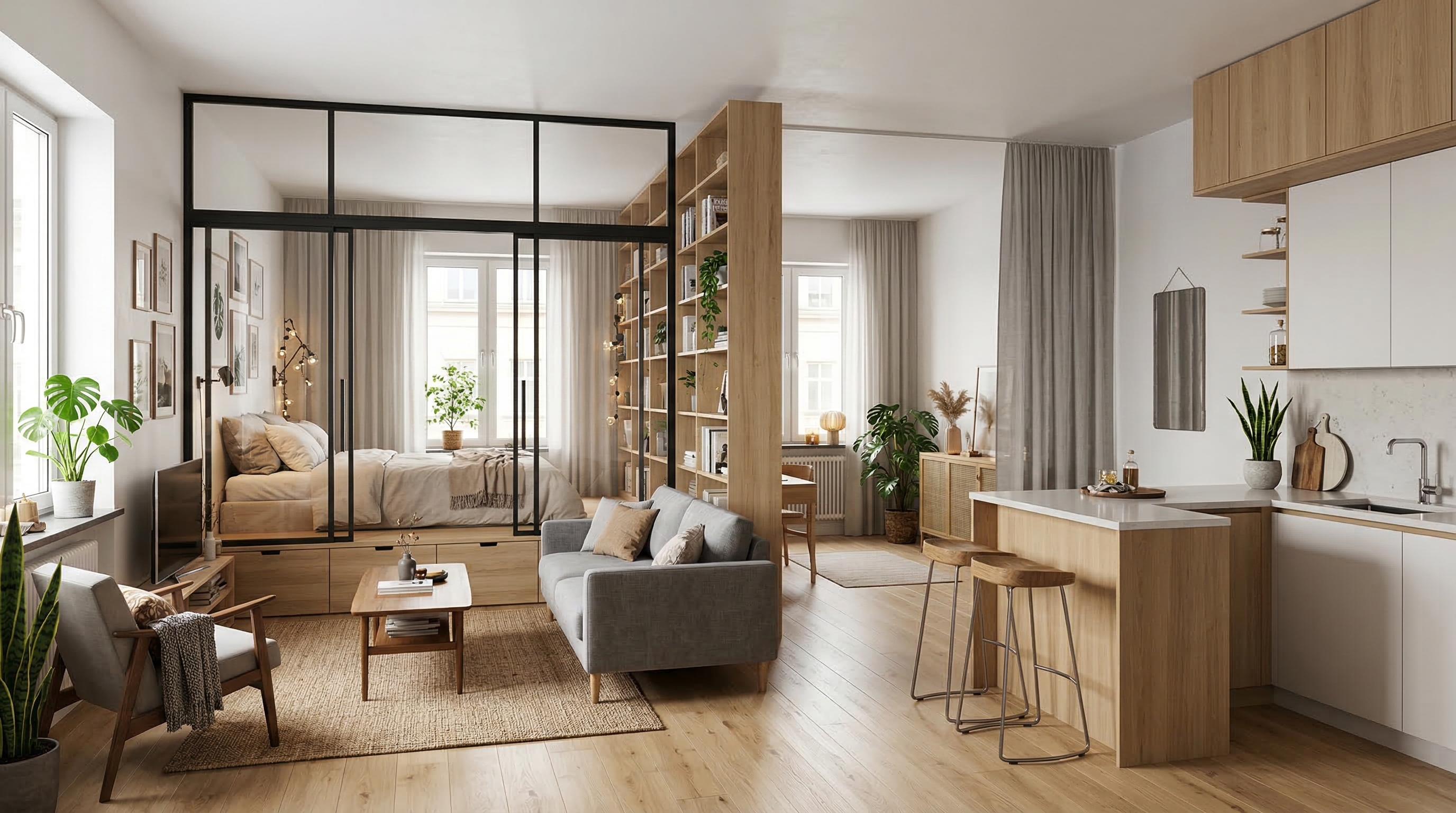 Зонирование квартиры-студии: стеклянная перегородка, стеллаж и барная стойка