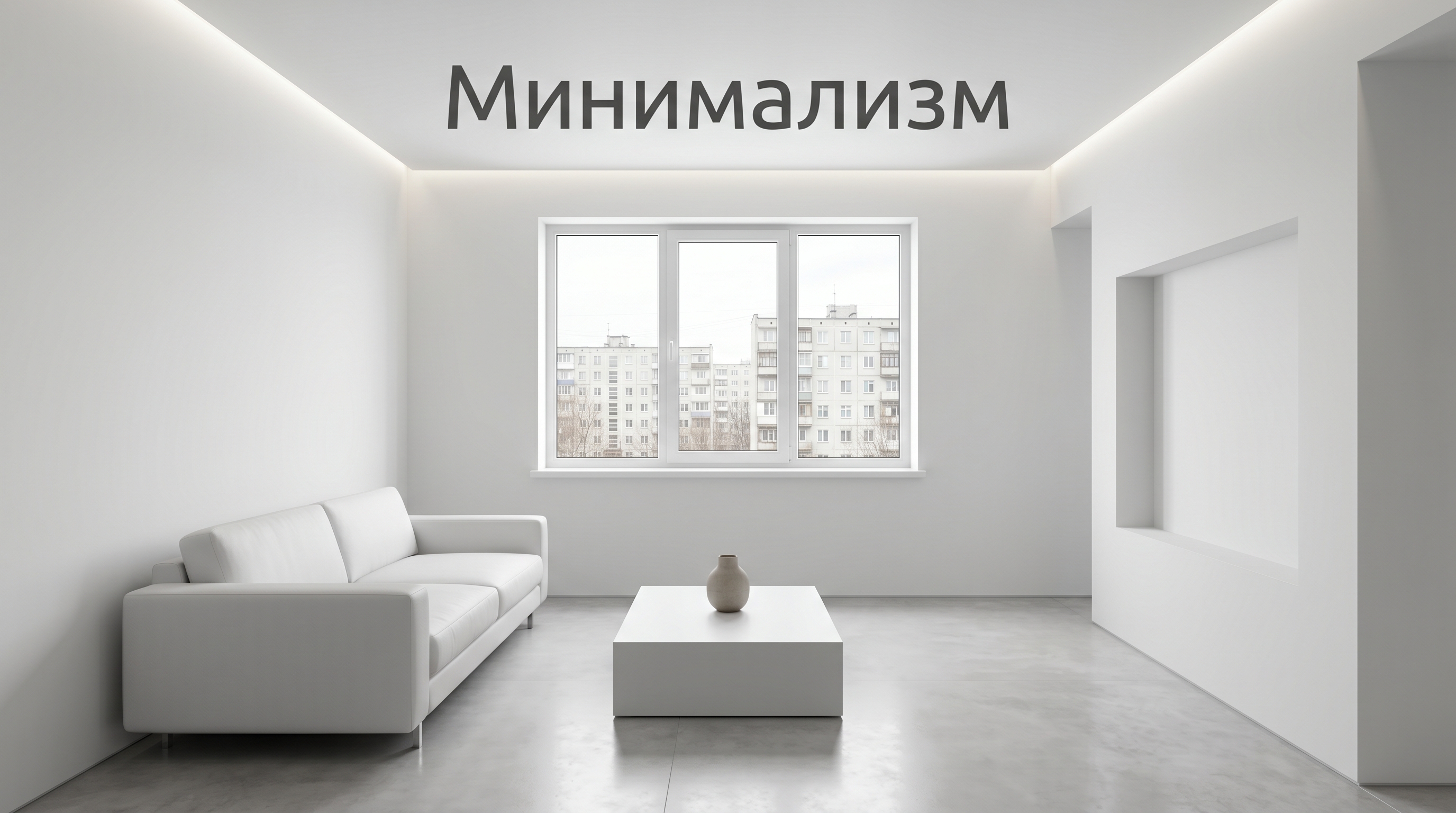 Гостиная в стиле минимализм — белые стены, бетонный пол, белый диван