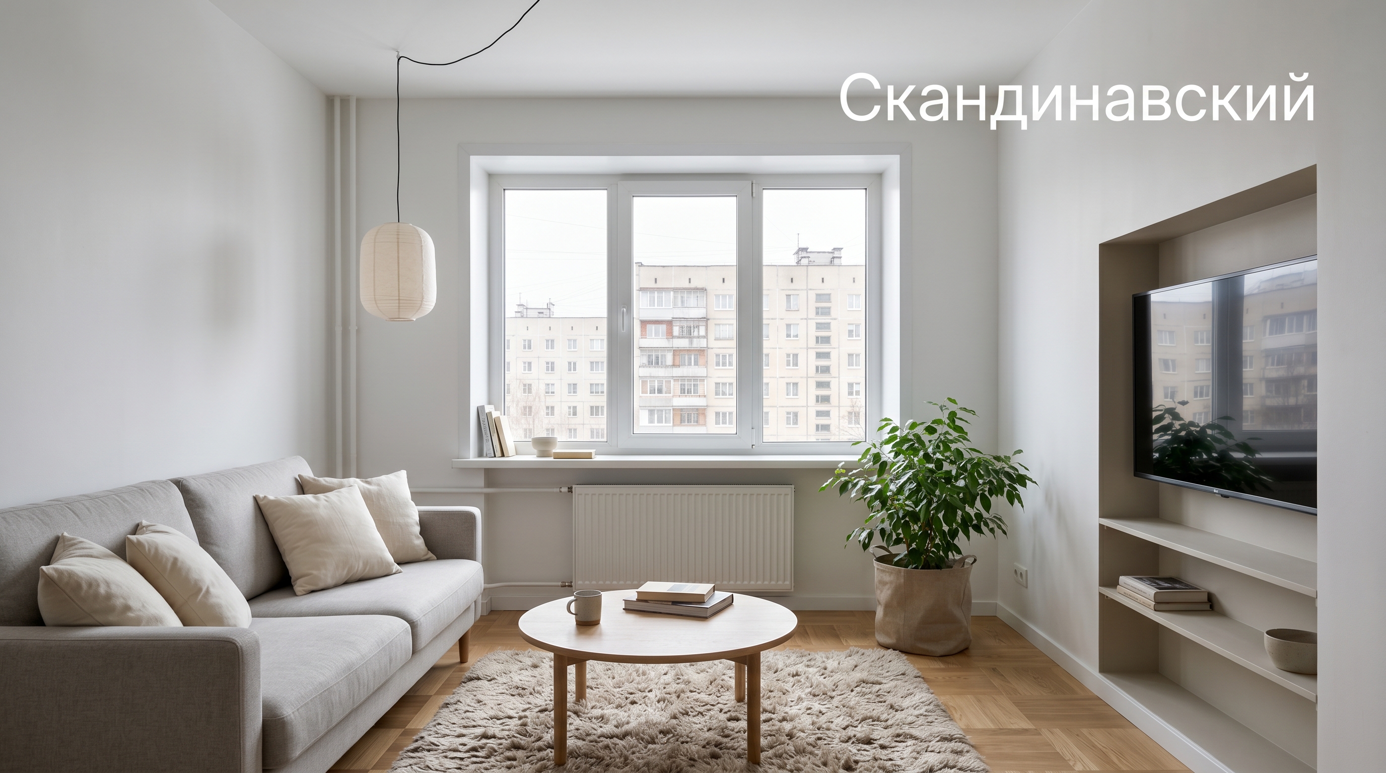Гостиная в скандинавском стиле — белые стены, светлый паркет, серый диван