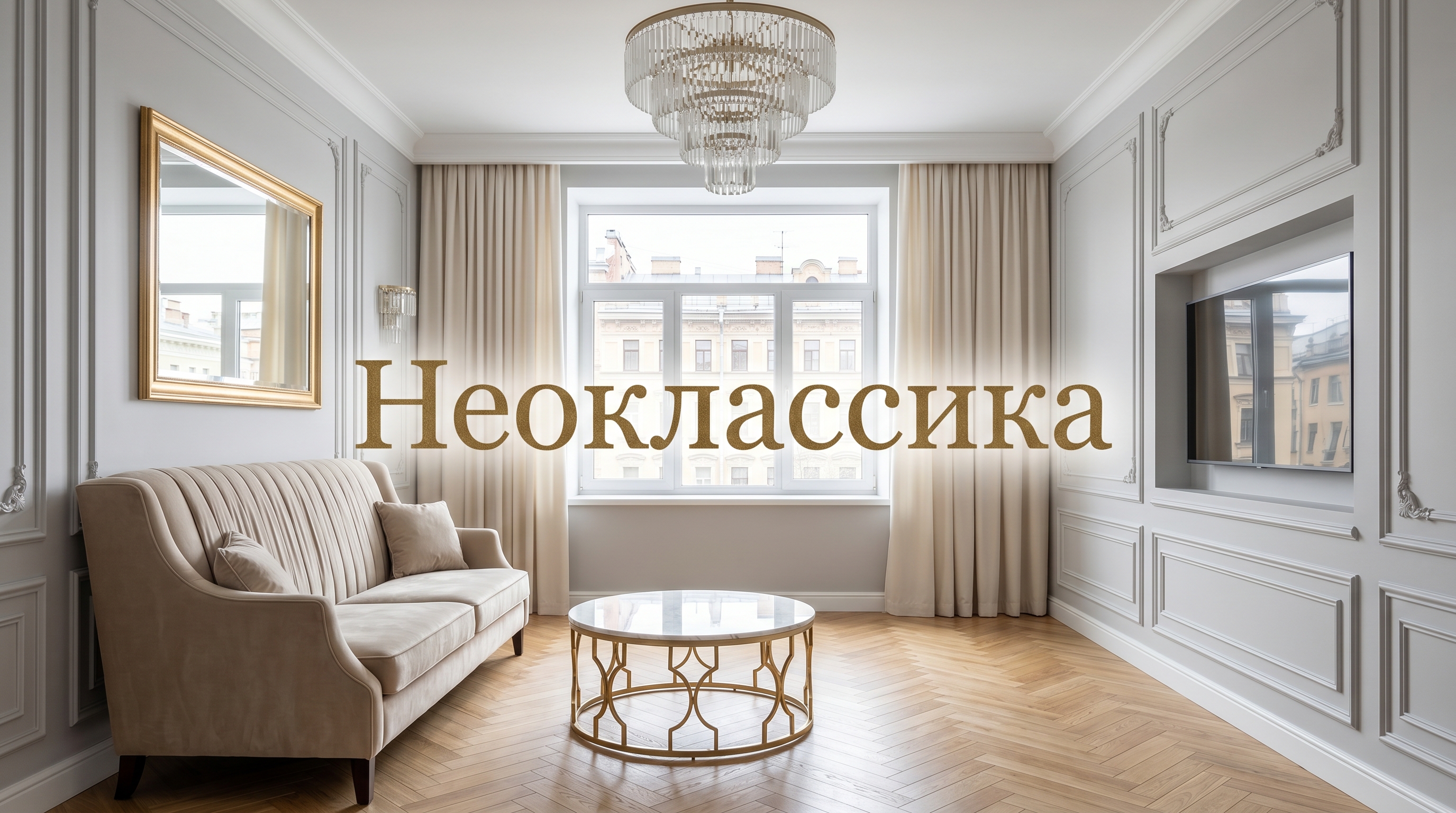 Гостиная в стиле неоклассика — стены с молдингами, бархатный диван, паркет ёлочкой