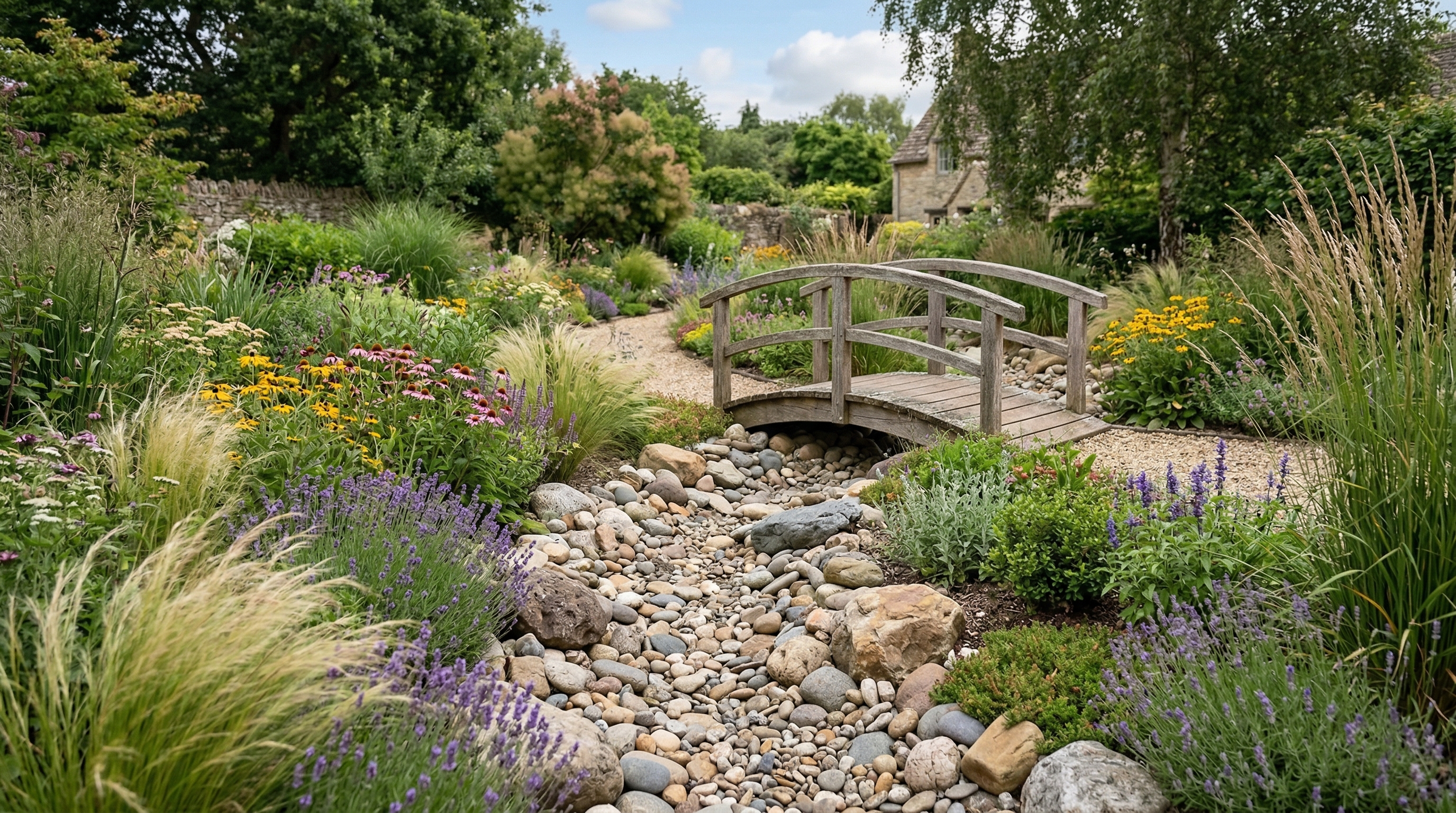 Сухой ручей из гальки с декоративным мостиком