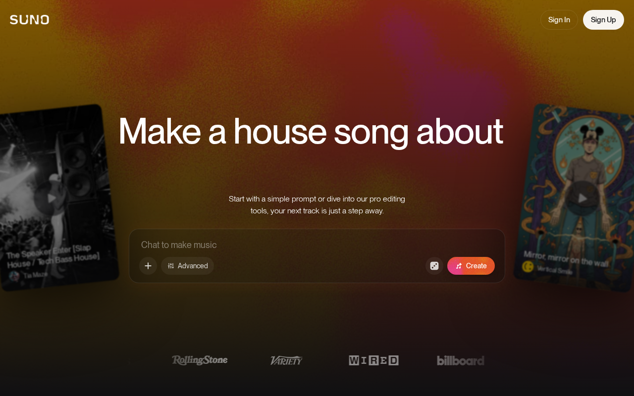 Скриншот главной страницы Suno — нейросеть для создания музыки
