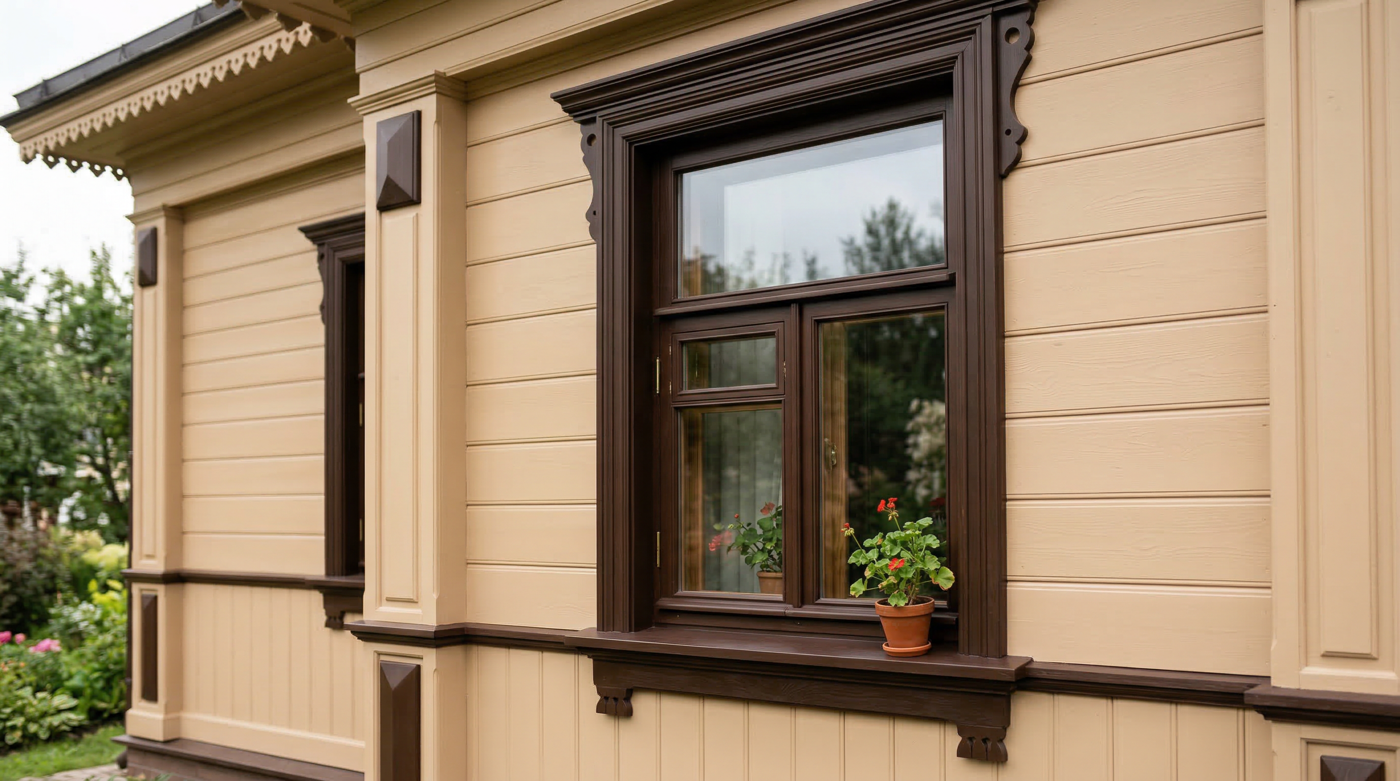 Свежеокрашенный фасад — силиконовая краска бежевого цвета с контрастными наличниками