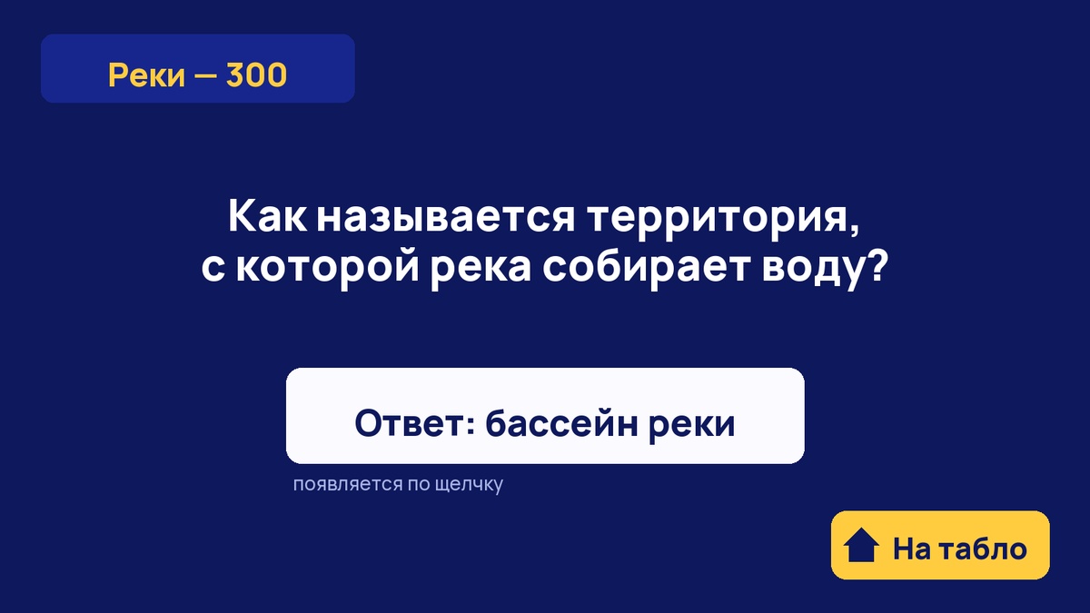 Слайд вопроса «Реки — 300»: вопрос крупно, ответ ниже и кнопка «На табло» в углу
