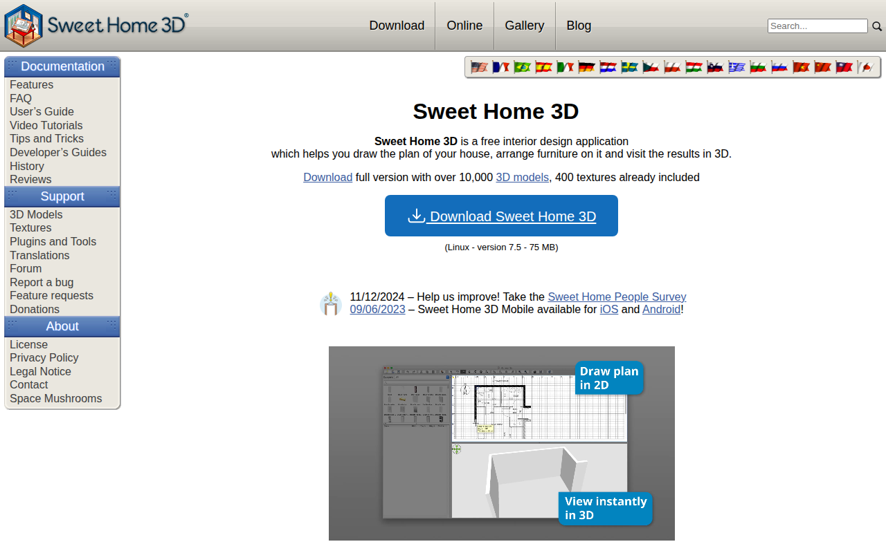 Скриншот главной страницы Sweet Home 3D — бесплатная программа с открытым исходным кодом
