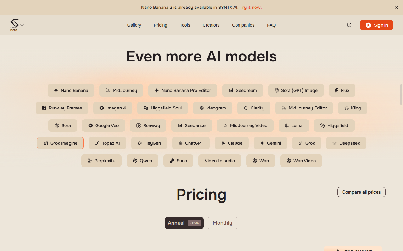 Скриншот веб-интерфейса Syntx AI с каталогом нейросетей