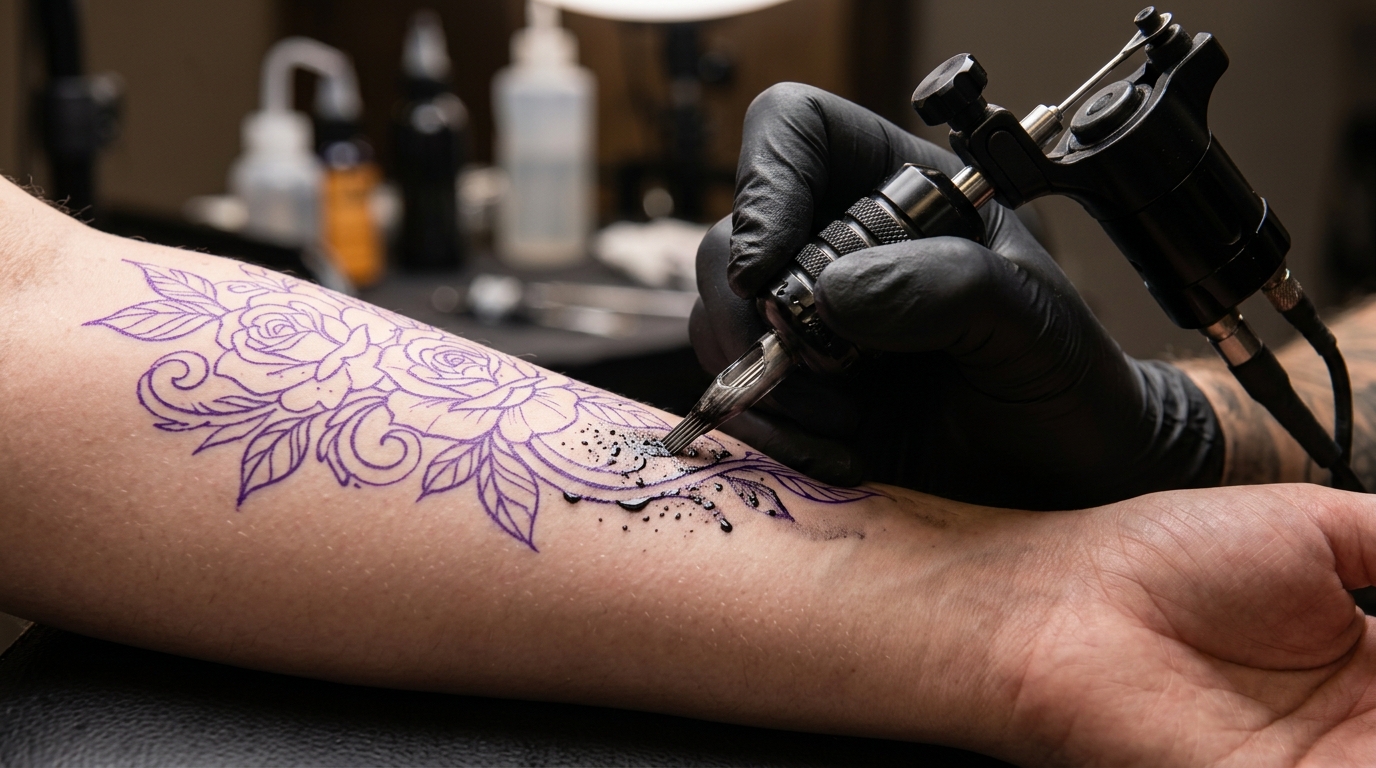Тату-машинка обводит фиолетовые линии трафарета на предплечье