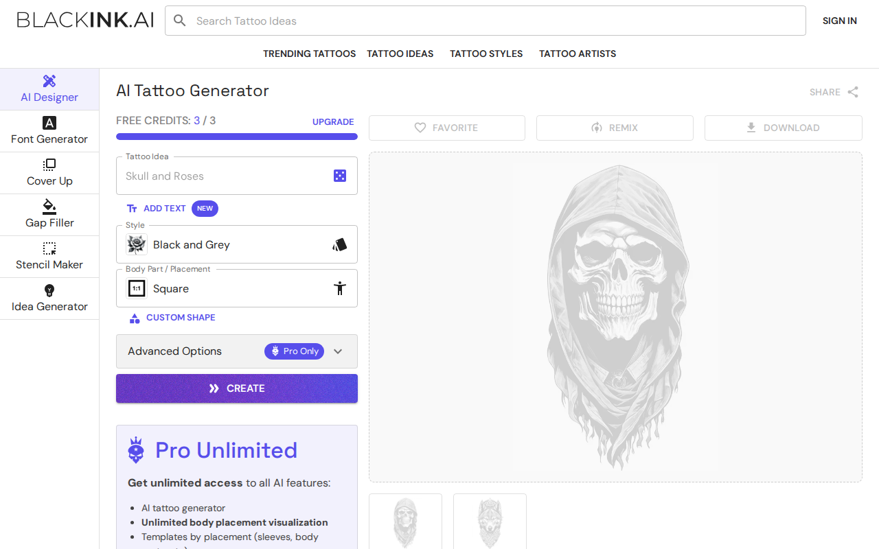 Интерфейс BlackInk AI: поле с описанием Skull and Roses, стиль Black and Grey, FREE CREDITS 3/3