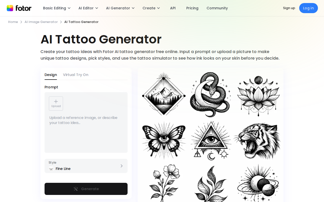 AI Tattoo Generator от Fotor: поле для промпта и примеры готовых эскизов в правой части