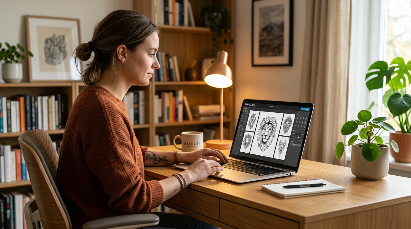 Девушка работает за ноутбуком с открытым ИИ-генератором тату — эскиз льва на экране