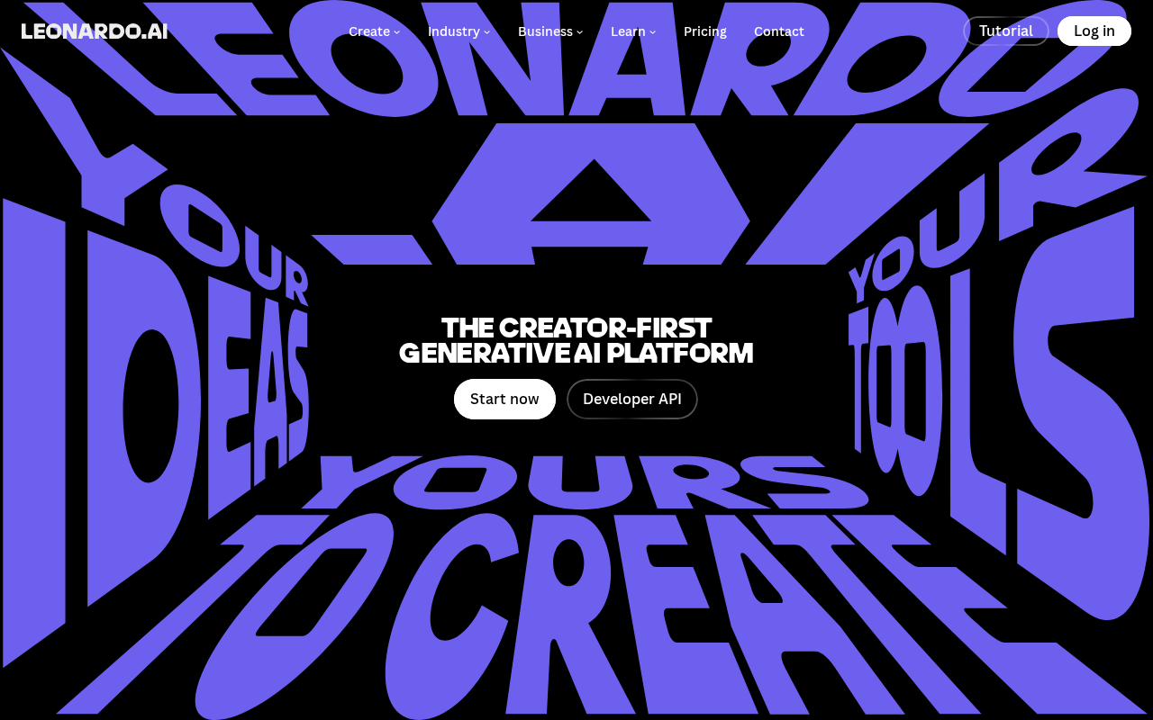 Главная Leonardo.AI с надписью Your ideas, yours to create и кнопкой Start now