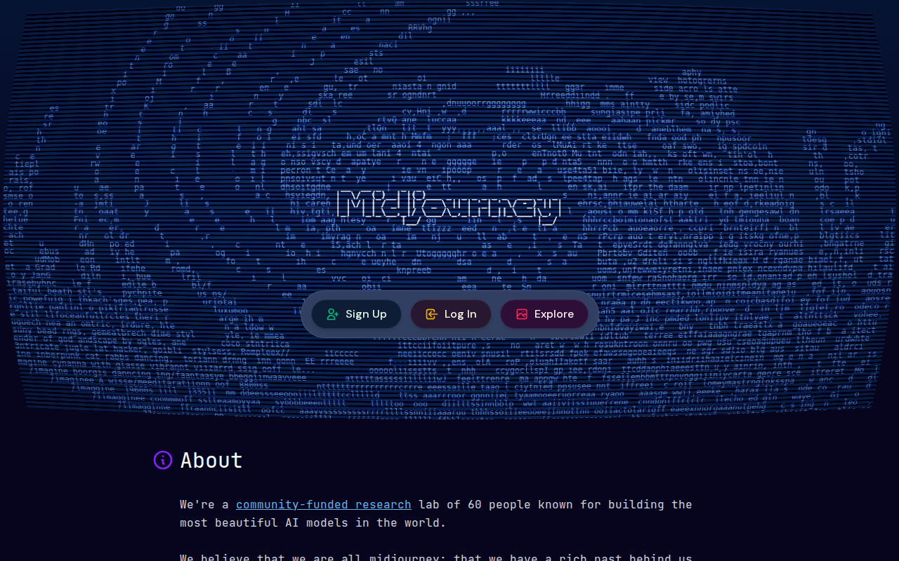 Главная страница Midjourney с логотипом из кода и кнопками Sign Up Log In