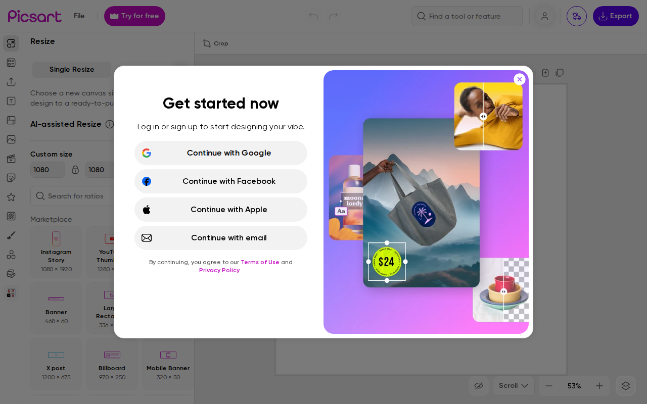Picsart в браузере: модалка Get started now с кнопками Continue with Google Facebook Apple email