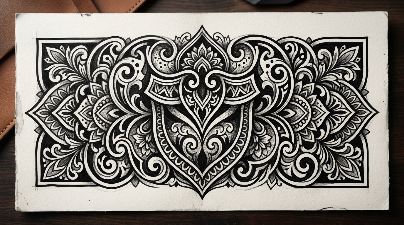 Тату-эскиз в стиле блэкворк: плотный орнаментальный узор с мандалой и завитками, чёрная заливка