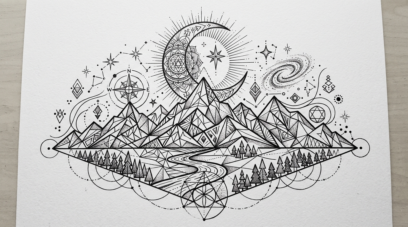 Тату-эскиз в стиле геометрия: горы, полумесяц, точки и геометрические узоры, чёрные линии