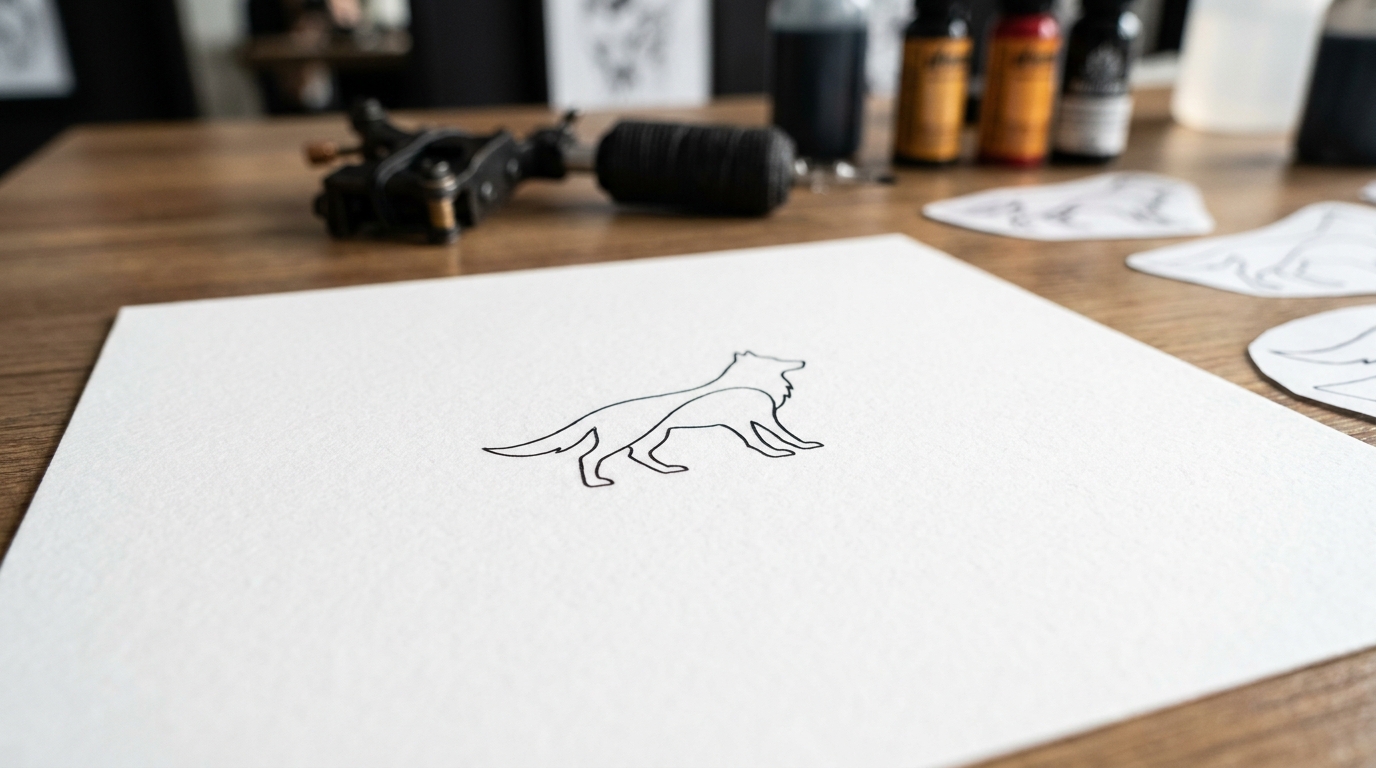 Тату-эскиз в стиле минимализм: тонкий контур волка, чёрные линии на белом фоне