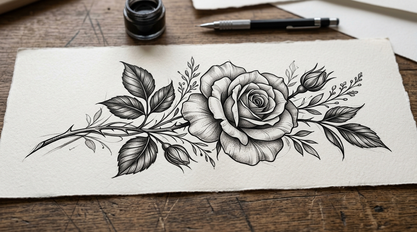 Тату-эскиз в стиле реализм: детализированная роза с листьями и бутонами, чёрно-белая графика