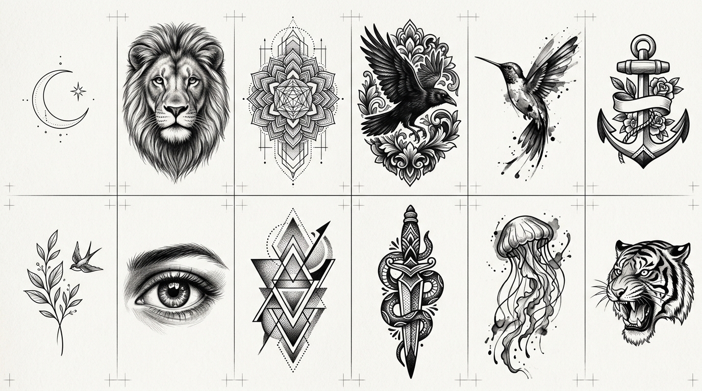 Сетка из 12 тату-эскизов разных стилей: лев, орнамент, птица, якорь, глаз, кинжал со змеёй, медуза, тигр, минималистичные растения