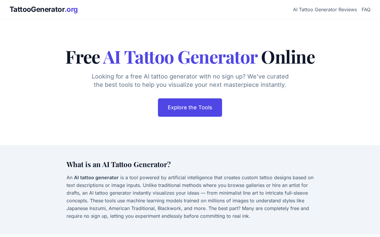 Сайт TattooGenerator.org: Free AI Tattoo Generator Online с кнопкой Explore the Tools
