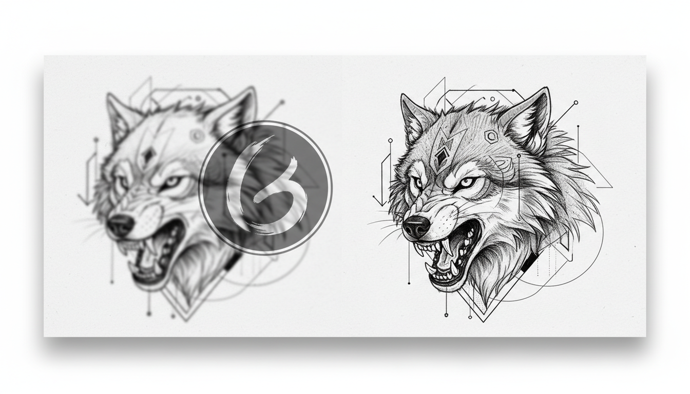 Сравнение бесплатного и платного эскиза тату: слева низкое разрешение с водяным знаком, справа чистый детализированный