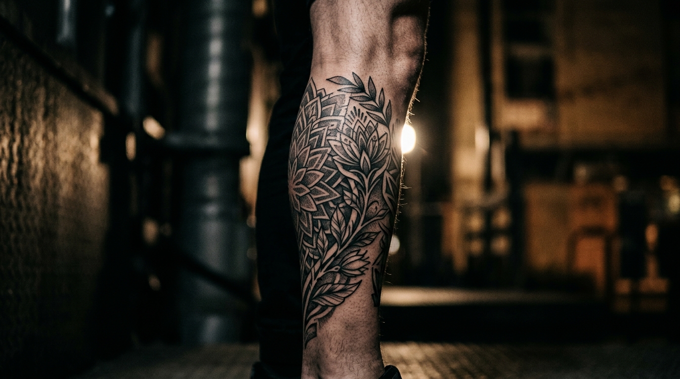 Тату на икре — кинематографичный крупный план мужской ноги с татуировкой