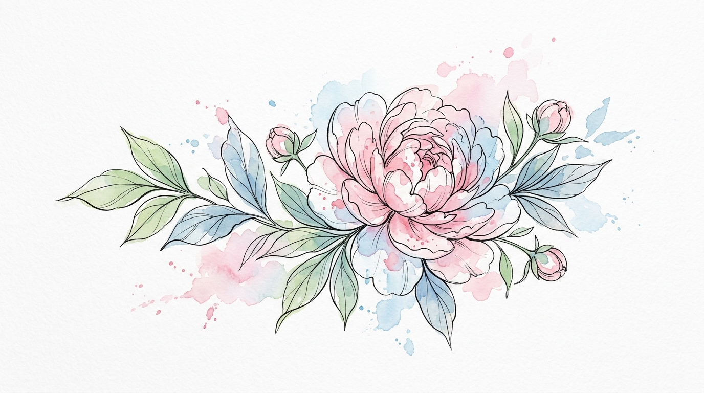 Эскиз тату акварель пион для девушек на ногу