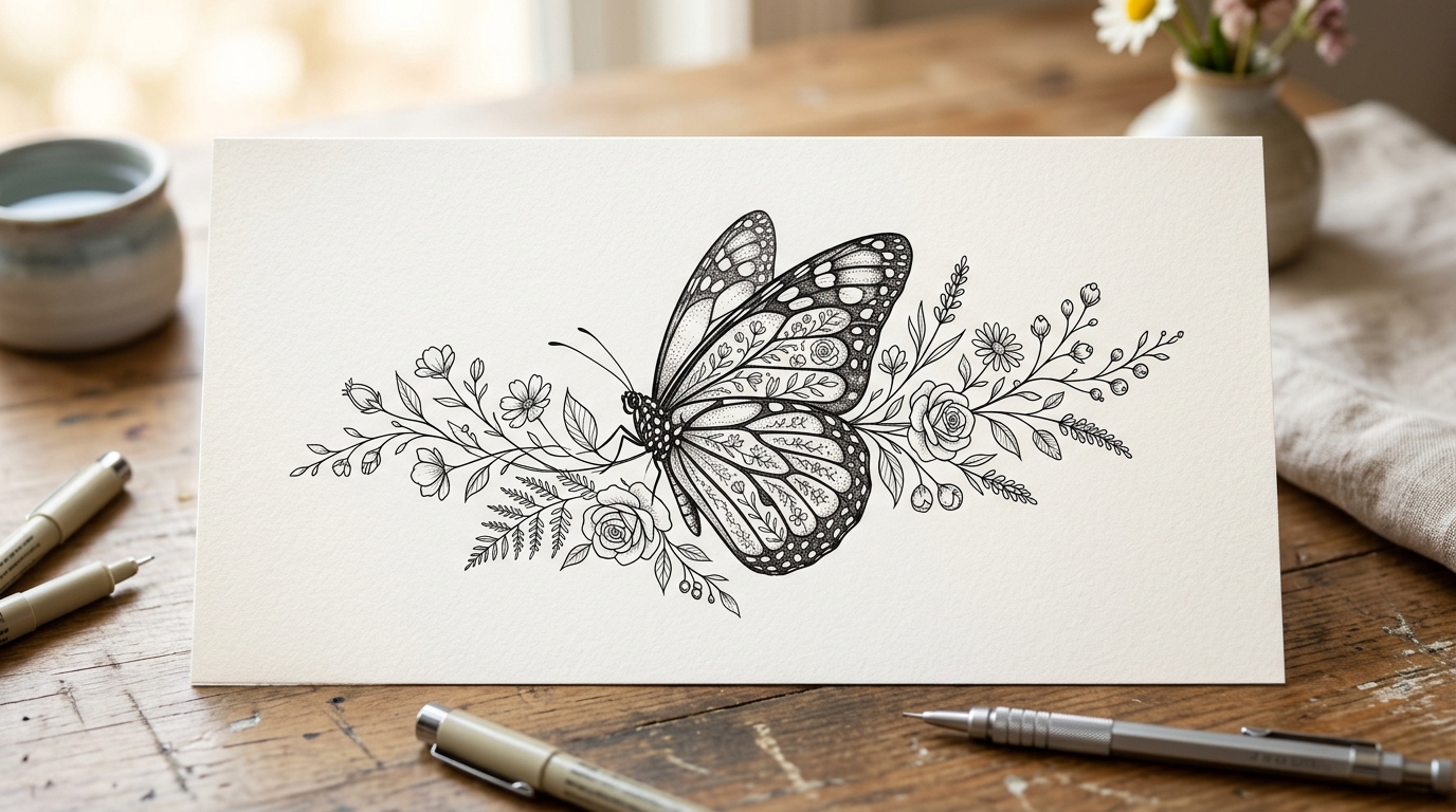 Эскиз тату бабочка для девушек на ногу — детализированные крылья