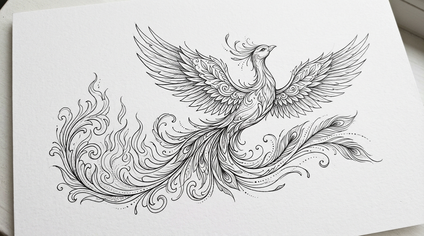 Эскиз тату феникс для девушек на ногу — изящная птица с пламенем