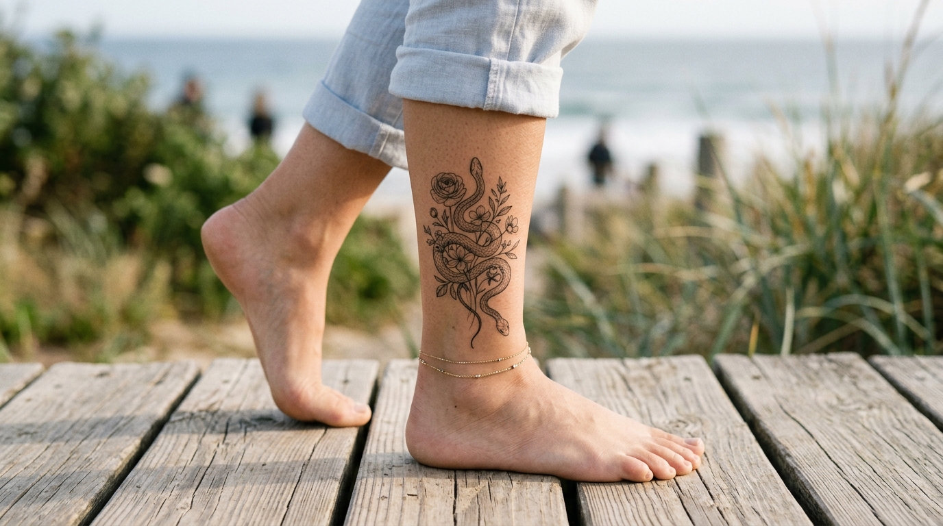 Тату на икре у девушки — змея среди пионов в графическом стиле