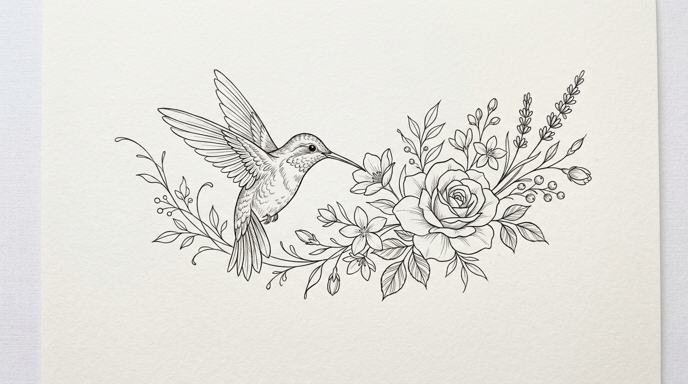 Эскиз тату колибри для девушек на ногу — fine line птица с цветами