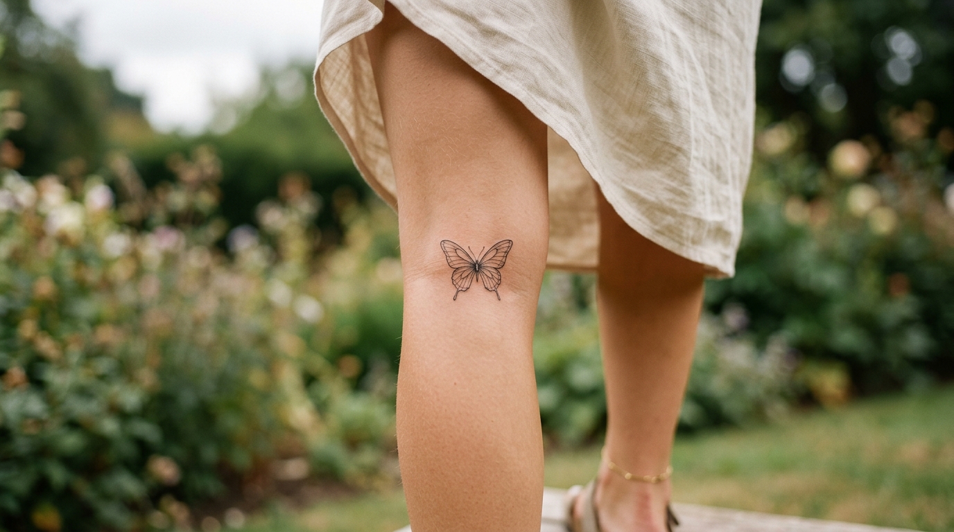 Тату под коленом у девушки — маленькая бабочка в стиле fine line
