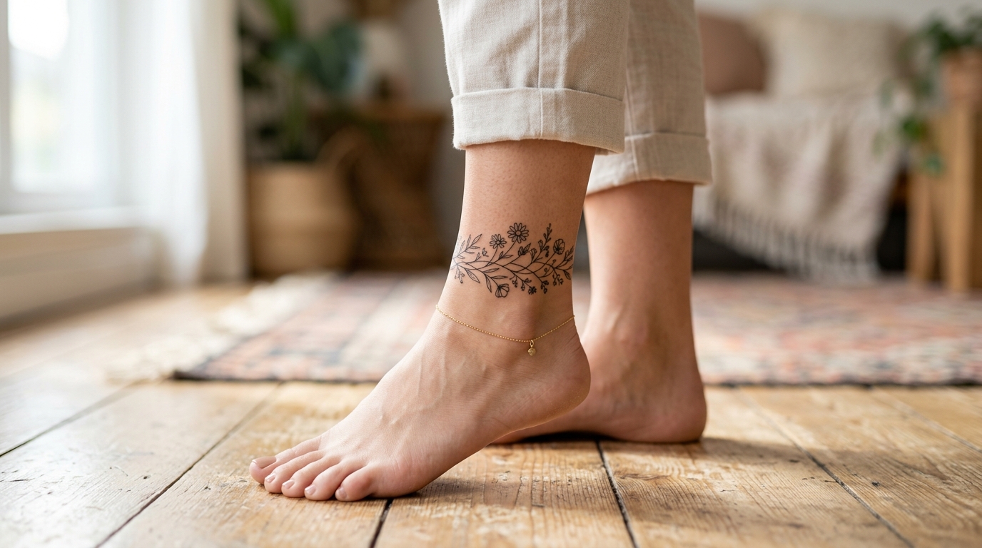 Тату на щиколотке у девушки — минималистичный цветочный браслет