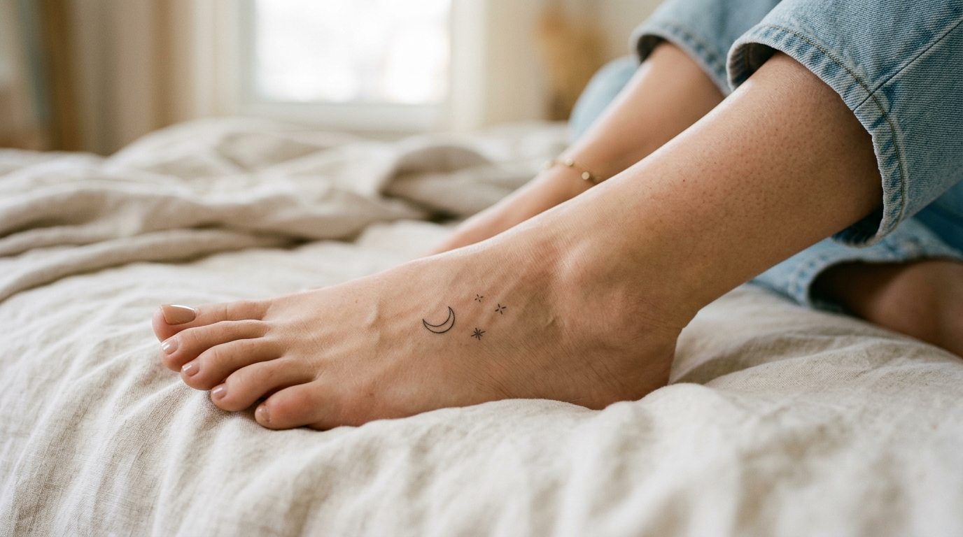 Тату на стопе у девушки — минималистичная луна и звёзды
