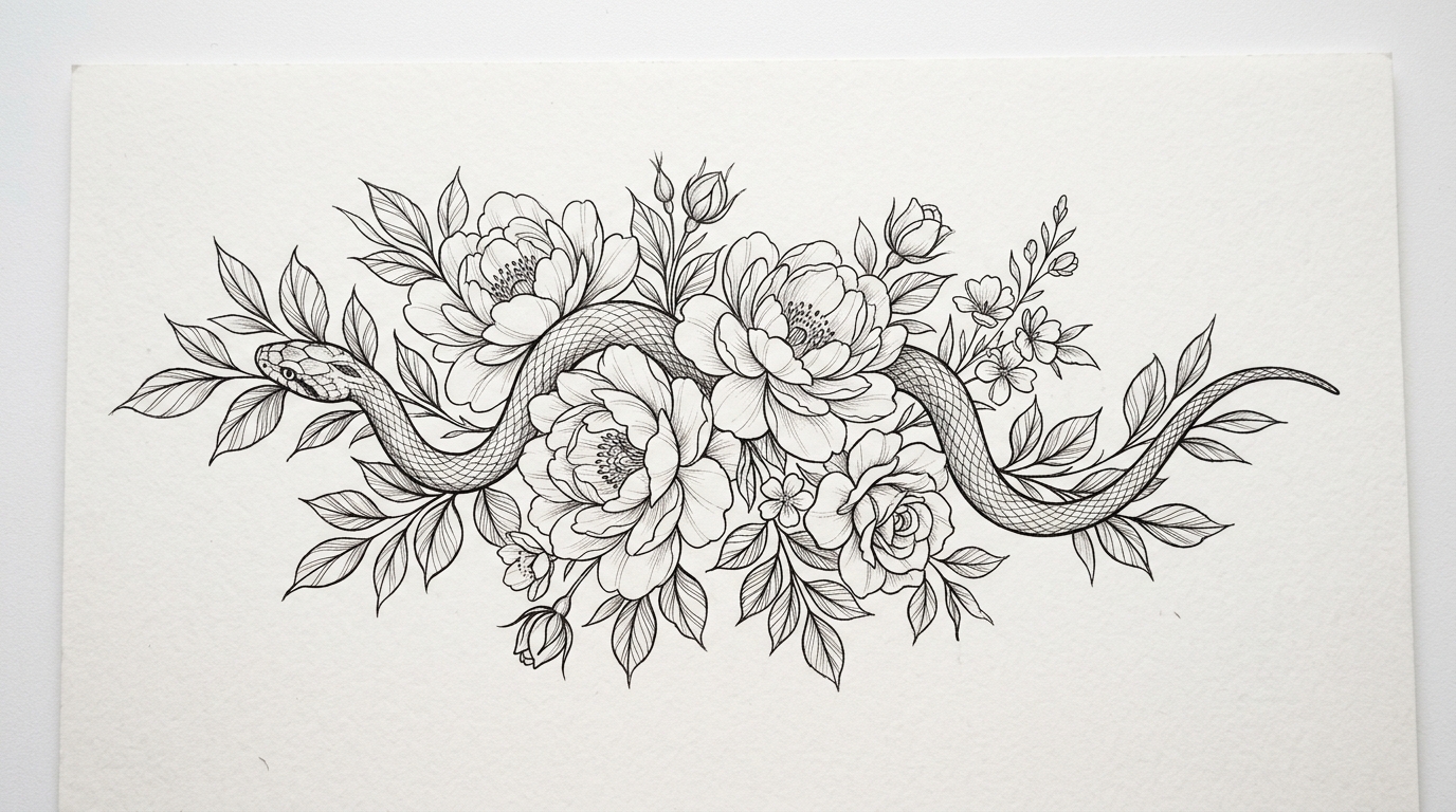 Эскиз тату змея с пионами для девушек на ногу