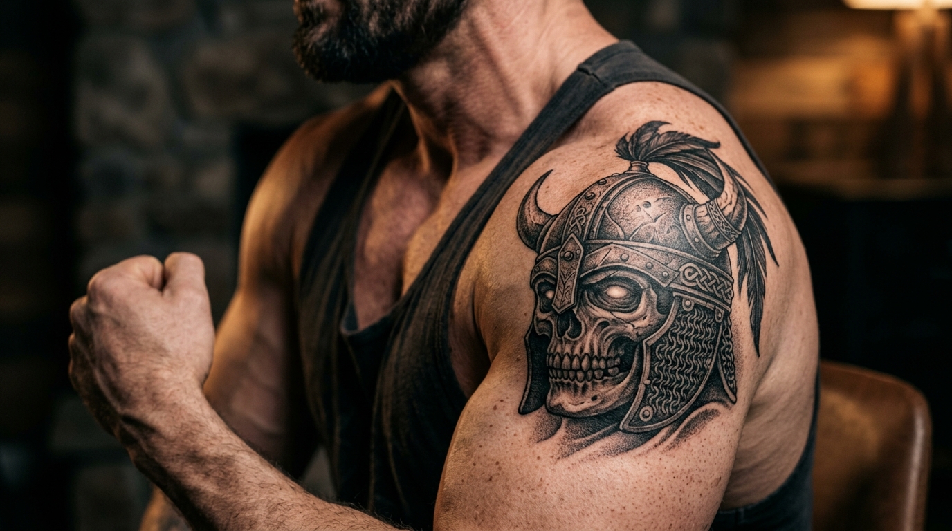 Тату черепа воина в реализме на мужском плече