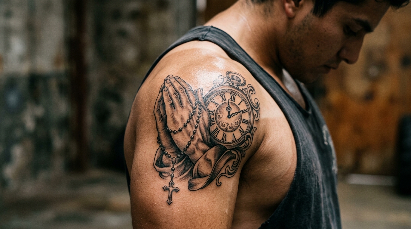 Тату в стиле чикано на мужском плече