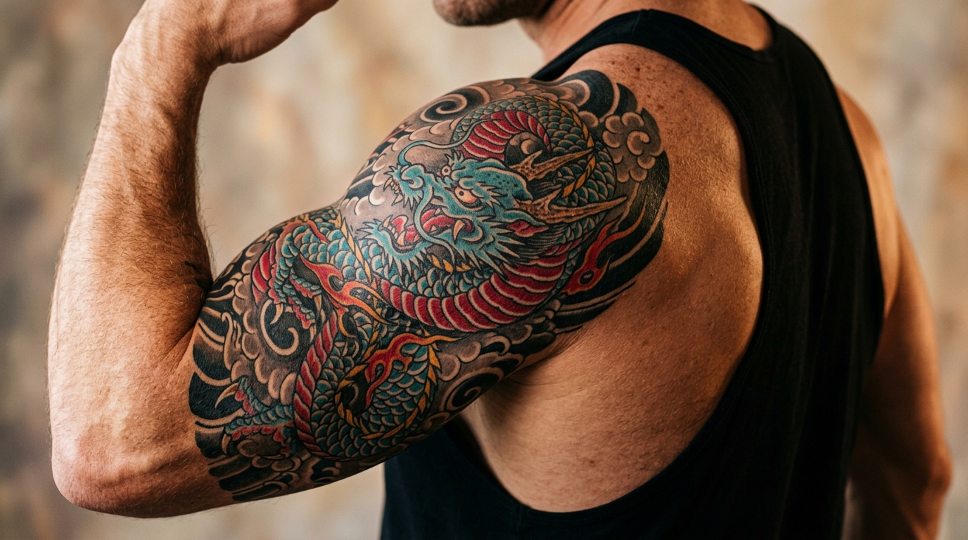 Тату дракона в японском стиле на плече мужчины
