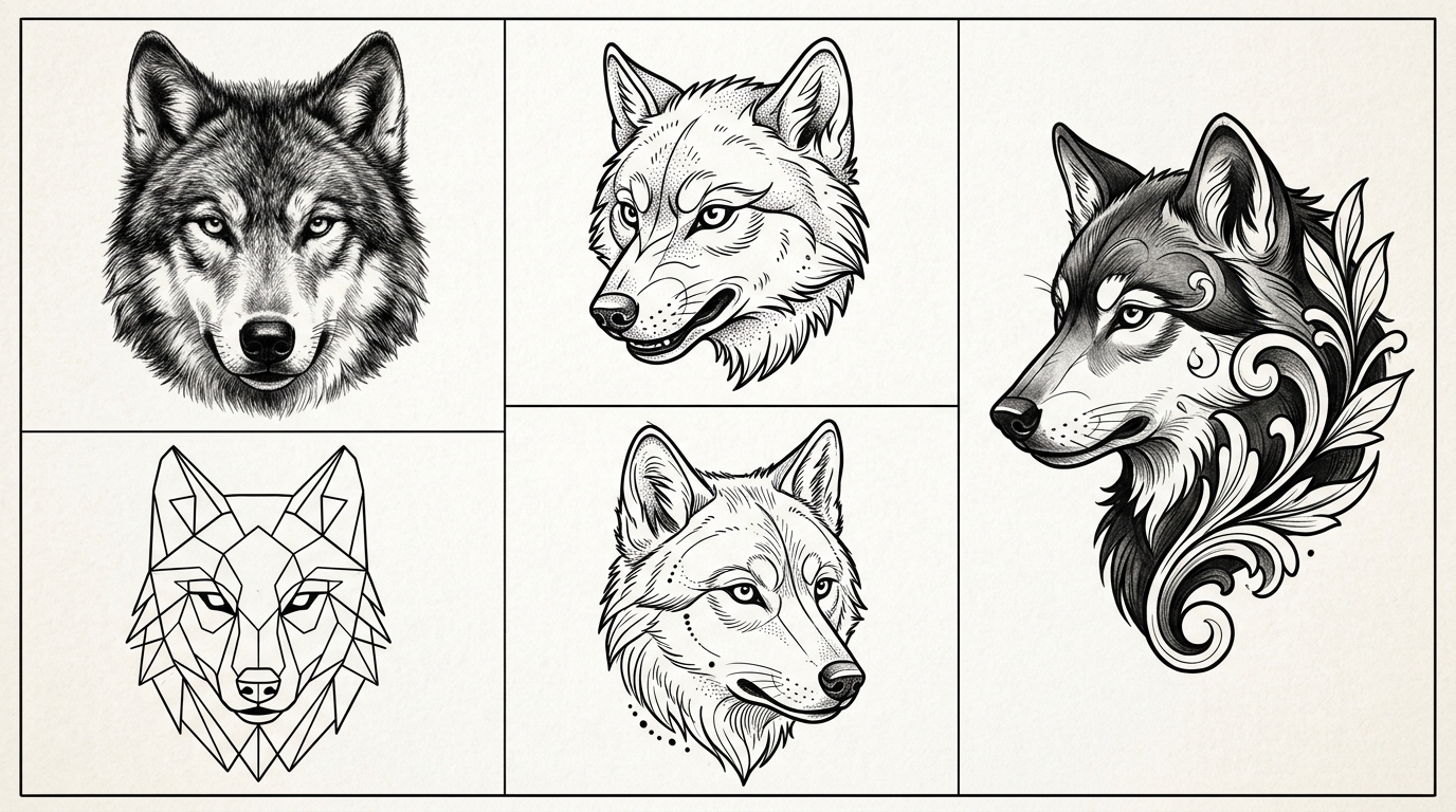 Несколько эскизов волков в разных стилях тату