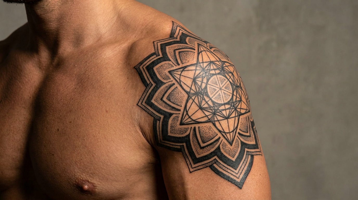 Геометрическое тату-мандала в блэкворке на плече