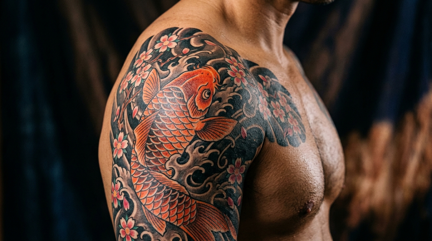 Тату карпа кои с сакурой на мужском плече