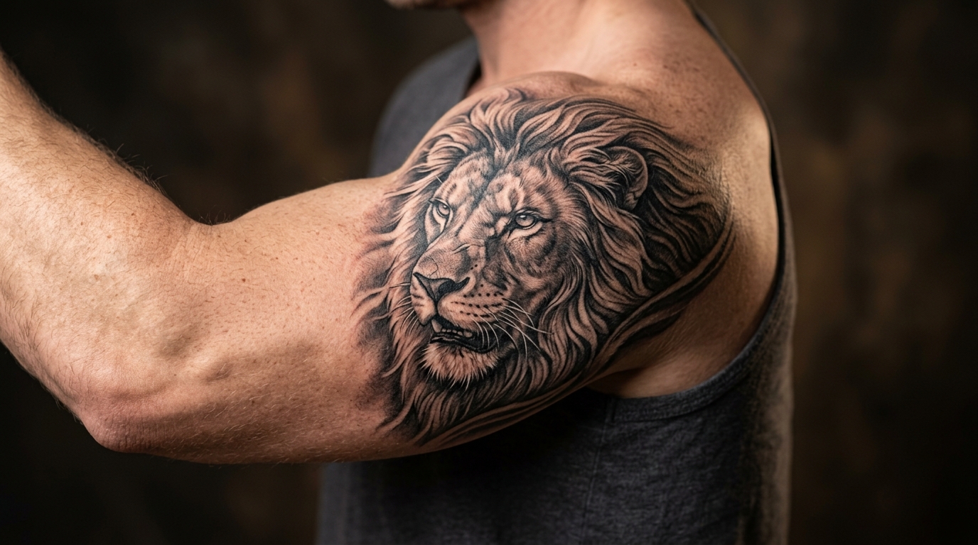 Тату льва в реализме на плече мужчины