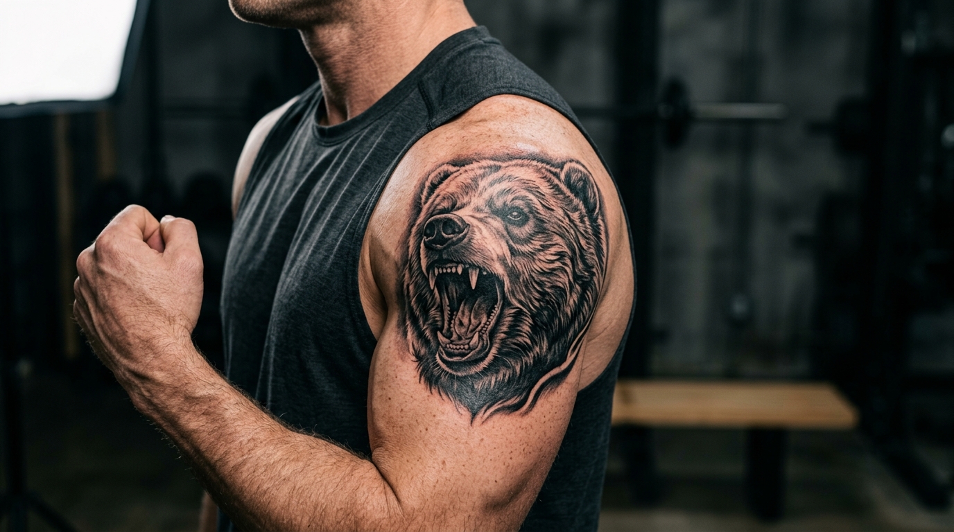 Тату медведя на мужском плече