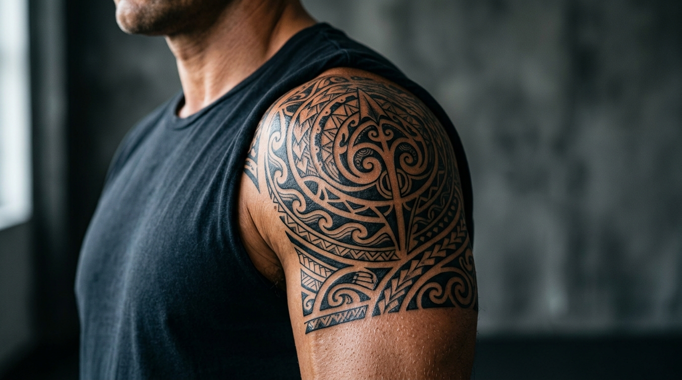 Полинезийское тату на мужском плече