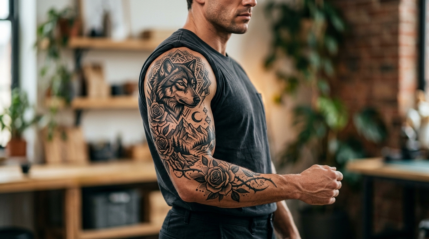 Полный рукав тату, начинающийся от плеча