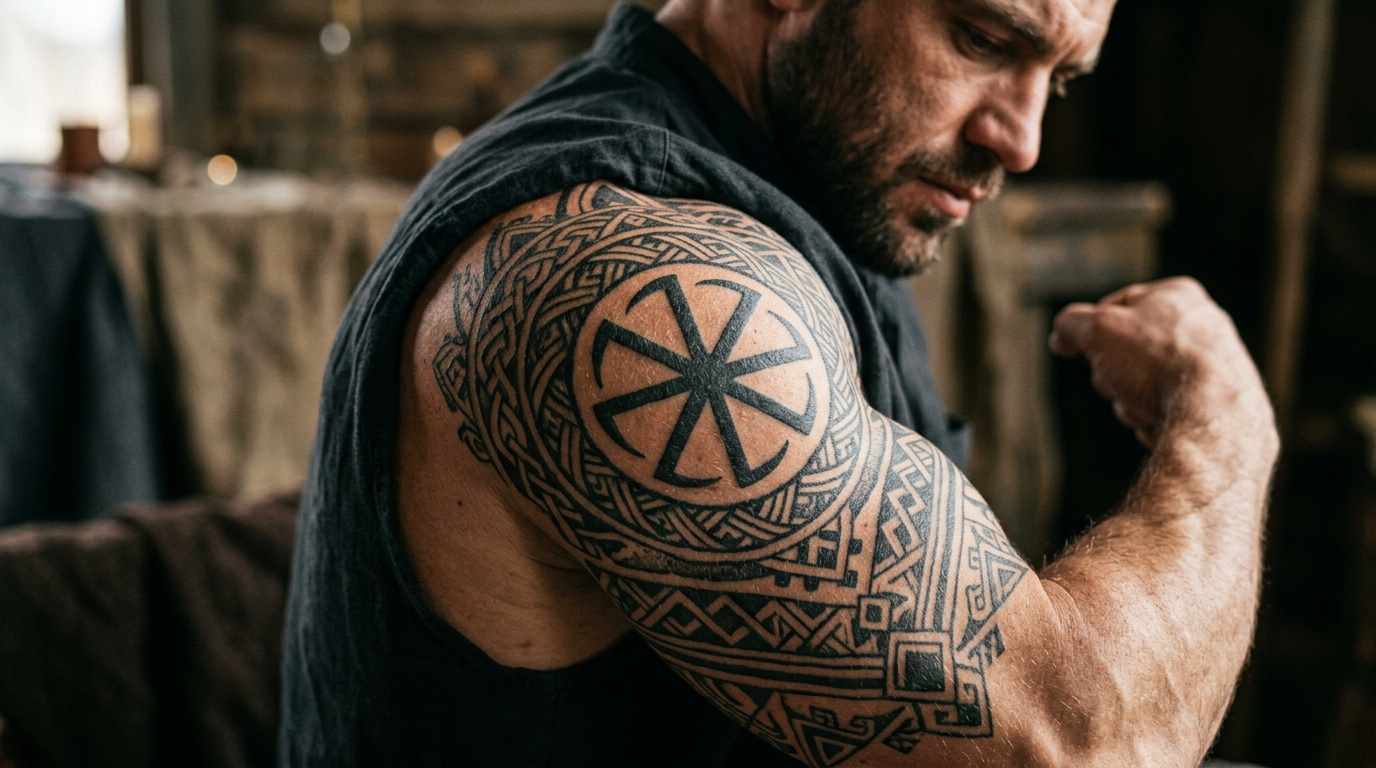 Славянское тату с коловратом и орнаментом на плече